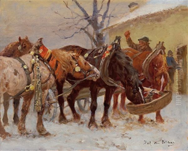 Rast Der Pferde Oil Painting by Julius von Blaas