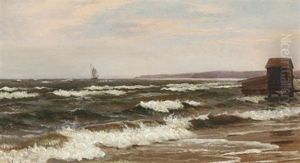 Seascape With Sailing Boat Along Cost, In The Foreground Bathing Hut Oil Painting by Christian Vigilius Blache