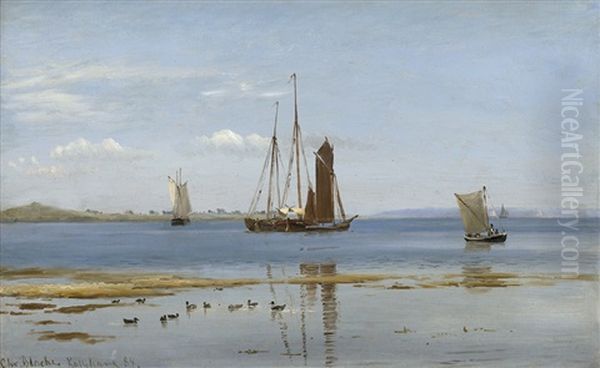 Segelschiffe Im Fjord Von Kallehave In Danemark Oil Painting by Christian Vigilius Blache