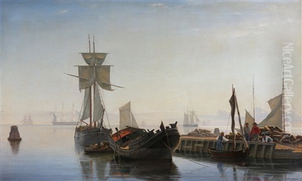 Italian Harbour Scenery Oil Painting by Christian Vigilius Blache