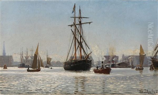 View From The Entrance To Copenhagen Harbour Oil Painting by Christian Vigilius Blache