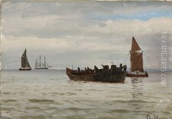Seascape With Sailing Boats And A Wreck Oil Painting by Christian Vigilius Blache