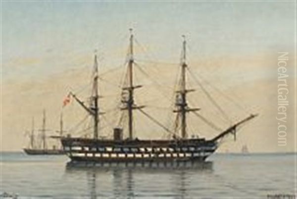 The Warship Skjold At Anchor In The Sound On A Calm Day Oil Painting by Christian Vigilius Blache