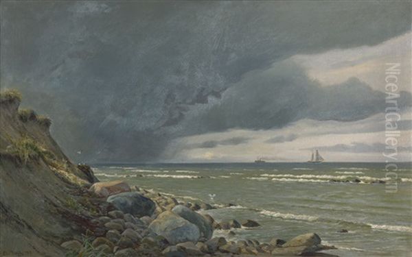 Aufkommendes Gewitter An Steiniger Kuste In Danemark Oil Painting by Christian Vigilius Blache
