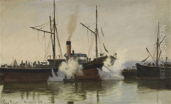 Dampfer Im Hafen Von Aarhus Oil Painting by Christian Vigilius Blache