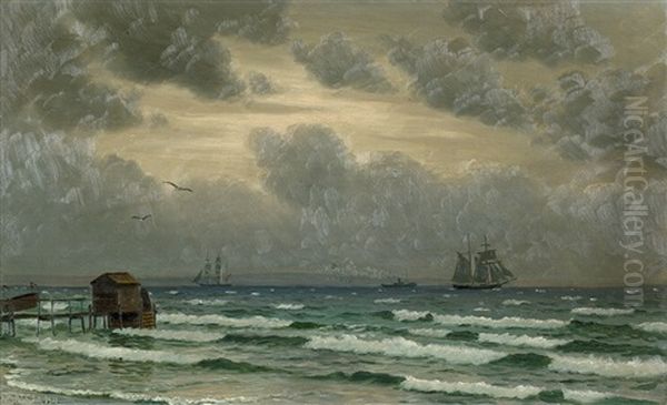 Sturmische See Mit Segelschiffen Und Dampfschiff Oil Painting by Christian Vigilius Blache