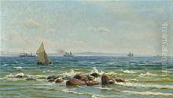 Costal Scenery With Steamers And Sailing Ships At The Sound Oil Painting by Christian Vigilius Blache