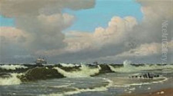 Coastal Scenery With Sailing Ships And Cloudy Sky Oil Painting by Christian Vigilius Blache