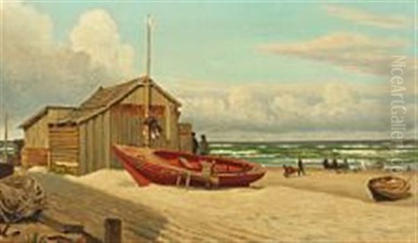 Coastal Scene From Hirtshals With Rowing Boats On The Beach Oil Painting by Christian Vigilius Blache