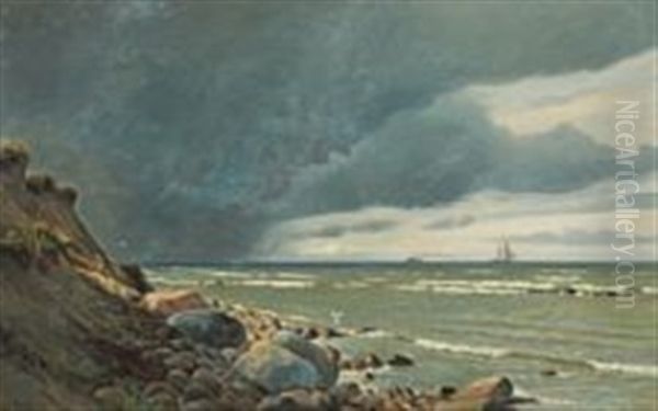 Coastal Scene With Storm Clouds Oil Painting by Christian Vigilius Blache