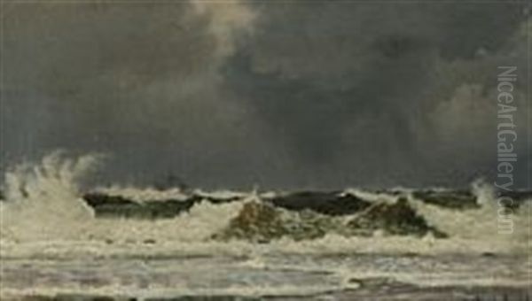 Breakers At Ringkobing Oil Painting by Christian Vigilius Blache