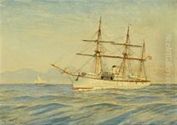 Marine With Ship And Mountains In The Background Oil Painting by Christian Vigilius Blache