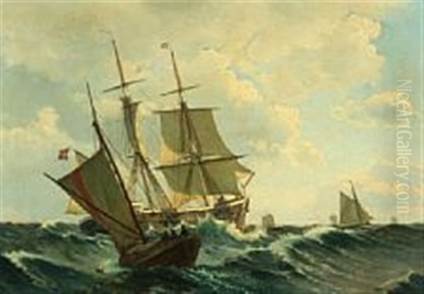 Seascapewith Three-masted Sailing Ship In Rough Seas Surrounded By Fishing Boats Oil Painting by Christian Vigilius Blache