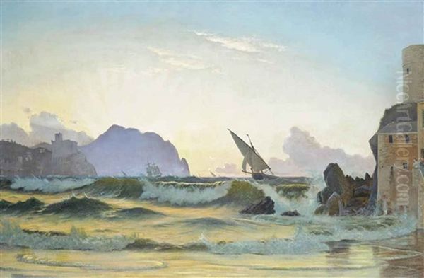 Sunset On A Mediterranean Shore, Possibly Gibraltar Oil Painting by Christian Vigilius Blache