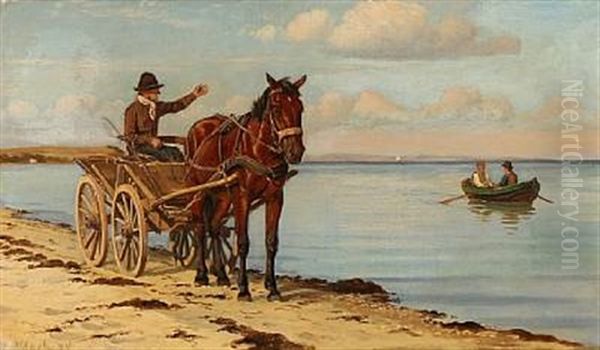 Horse-drawn Carriage On The Beach. The Farmer Greets Two Men In A Boat Oil Painting by Christian Vigilius Blache
