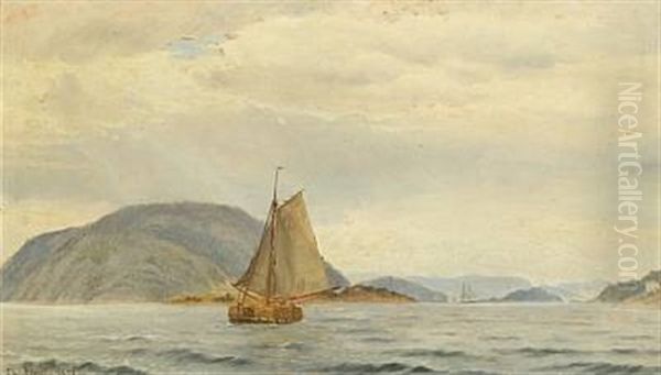 Seascape With Sailing Boats Along A Rocky Coast Oil Painting by Christian Vigilius Blache