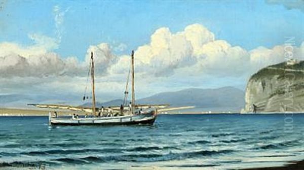 Coastal Scenery With A Sailing Ship In A Bay Oil Painting by Christian Vigilius Blache