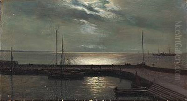 Evening View From A Harbour Oil Painting by Christian Vigilius Blache
