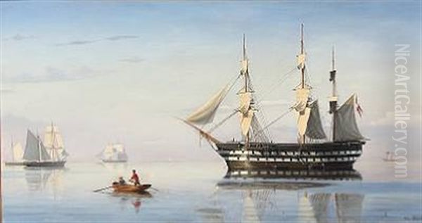 A Danish Frigate And Several Other Sailing Ships Laying At Anchor In Oresund Oil Painting by Christian Vigilius Blache
