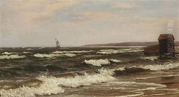 Coastal Scene With A Sailboat And A Bathhouse Oil Painting by Christian Vigilius Blache