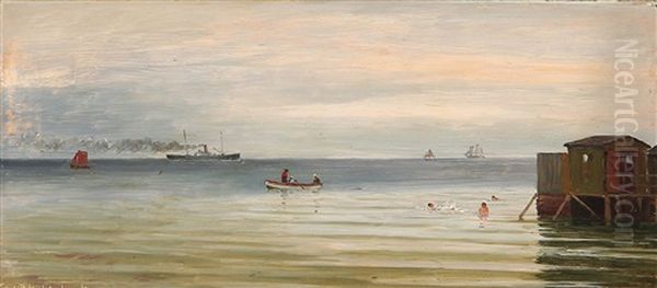 Scene From Helgoland With Swimmers, In The Background Sailing Ships Oil Painting by Christian Vigilius Blache
