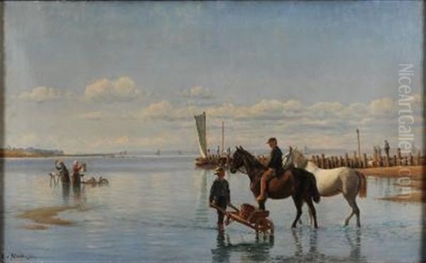 An Extensive Shore Scene - A Soldier Boy Groom Watering Horses, Women Washing Clothes, Sailing Barge At A Jetty, Other Boats Offshore Oil Painting by Christian Vigilius Blache