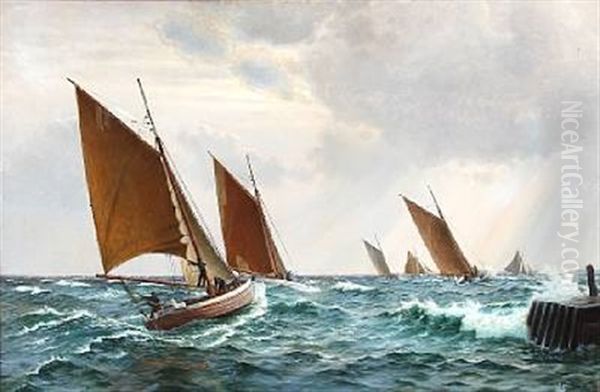 Seascape With Fishing Boats Oil Painting by Christian Vigilius Blache