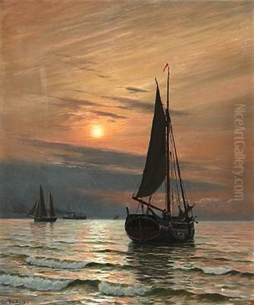 Early Morning At Sea With Sailing Ships And Fishing Boats Oil Painting by Christian Vigilius Blache