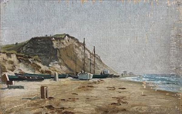 Costal Scene From Lonstrup With Vessels On The Beach Oil Painting by Christian Vigilius Blache