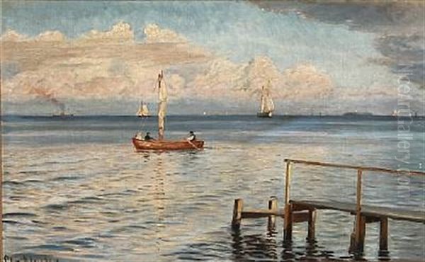 Coastal Scene With Two Persons In A Small Sailingboat Oil Painting by Christian Vigilius Blache