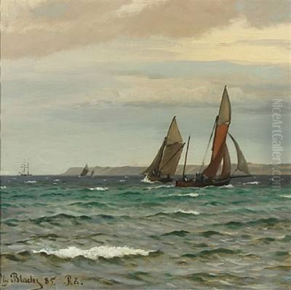 Saling Boats Along A Coast Oil Painting by Christian Vigilius Blache