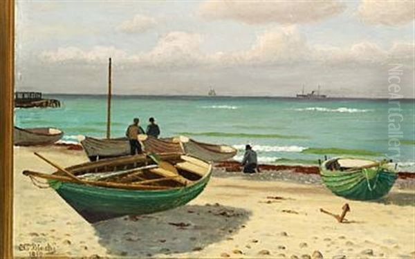 Rowing Boats On The Beach Oil Painting by Christian Vigilius Blache