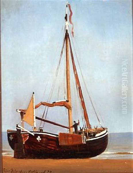 Dutch Ship On A Beach Oil Painting by Christian Vigilius Blache