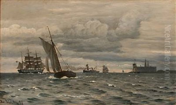 Coastal Scene From Elsinor Castle With Sailing Ships On The Sea Oil Painting by Christian Vigilius Blache
