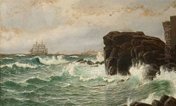 Rocky Shore With High Waves Oil Painting by Christian Vigilius Blache