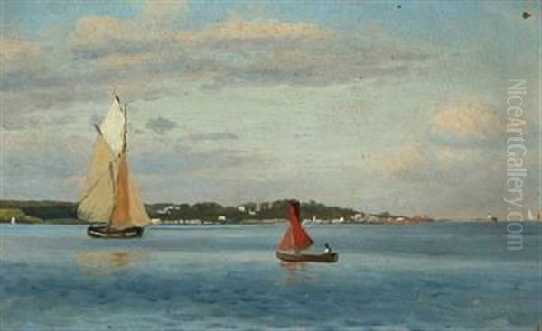 Sailing Boats Along The Coast Of Sealand Oil Painting by Christian Vigilius Blache