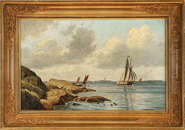 Marine With Sailing Ships Near The Coast Oil Painting by Christian Vigilius Blache