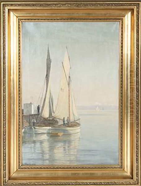 Sailing Boats At The Quay Oil Painting by Christian Vigilius Blache