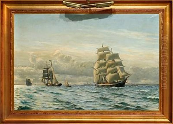 Marine With Several Ships Off The Coast Of Elsinore Castle Oil Painting by Christian Vigilius Blache