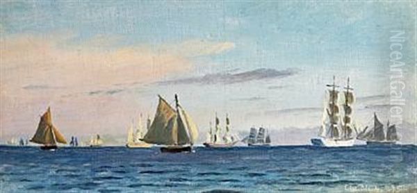 Numerous Sailing Ships On Quiet Waters Oil Painting by Christian Vigilius Blache