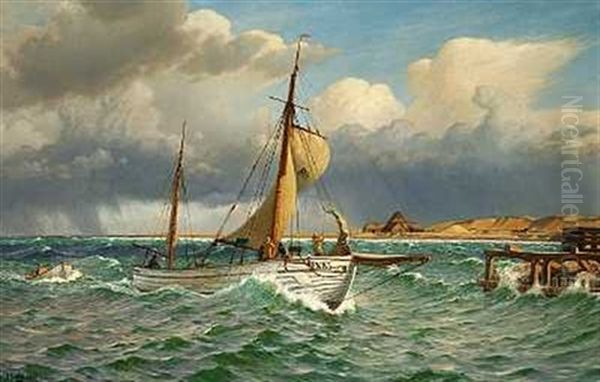 Hal Ned Storsejlet. Vestero Havn Paa Laeso Oil Painting by Christian Vigilius Blache