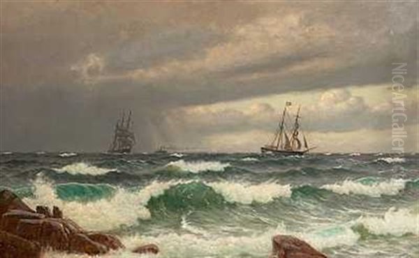 Kystparti Med Sejlskibe Pa Oprort Hav Oil Painting by Christian Vigilius Blache