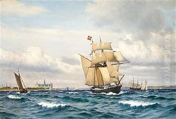 Brigantine Og Andre Sejlskibe I Sundet Med Kronborg I Baggrunden Oil Painting by Christian Vigilius Blache