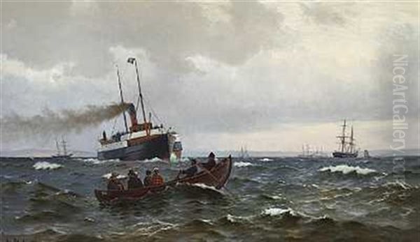 Damper Og Jolle Pa Havet Oil Painting by Christian Vigilius Blache