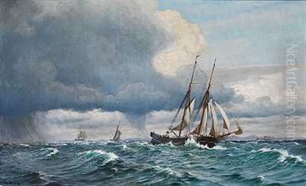 Sejlskibe Pa Havet I Blaest Og Regn Oil Painting by Christian Vigilius Blache
