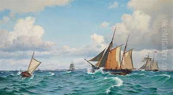 Sejlskibe Pa Havet, I Baggrunden Ses Den Svenske Kyst Oil Painting by Christian Vigilius Blache