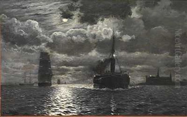 Damper Og Sejlskibe Ud For Kronborg I Maneskin Oil Painting by Christian Vigilius Blache