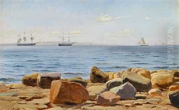 Sejlskibe Ud For Kysten Oil Painting by Christian Vigilius Blache