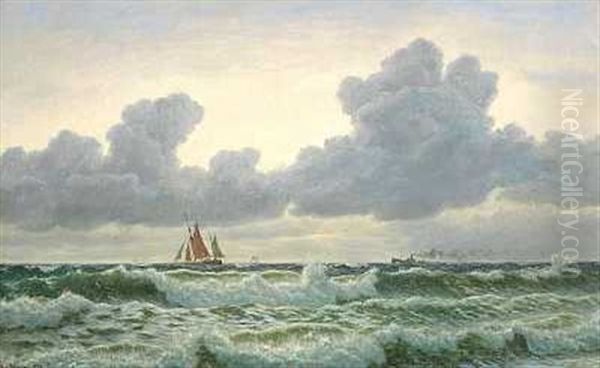 Marine Med Morke Skyer, Der Traekker Op I Horisonten Oil Painting by Christian Vigilius Blache