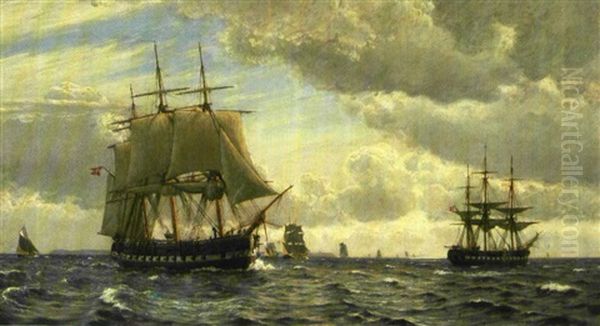 Marine Med To Fregatter Pa Havet Oil Painting by Christian Vigilius Blache